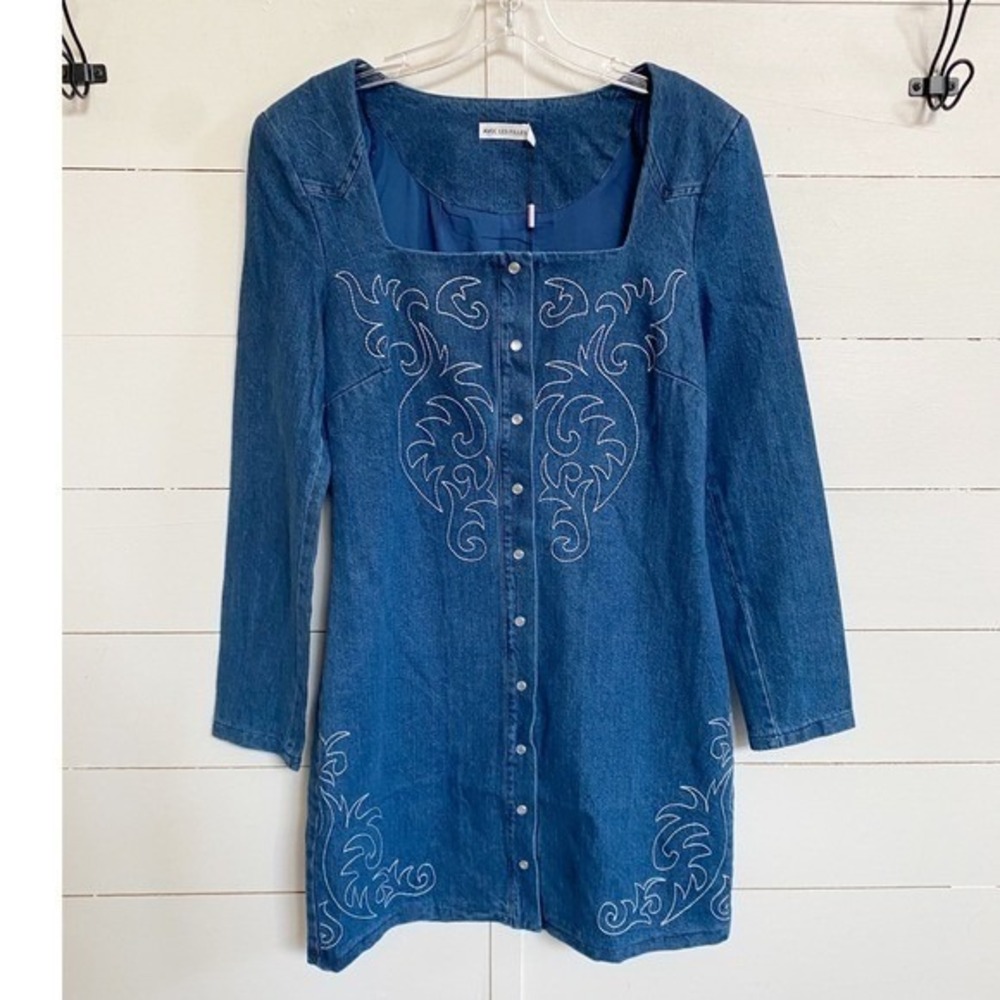 Western Embroidery Avec LesFilles Long Sleeve Denim Minidress PROVENCE WSH 6 NWT - Picture 7 of 14